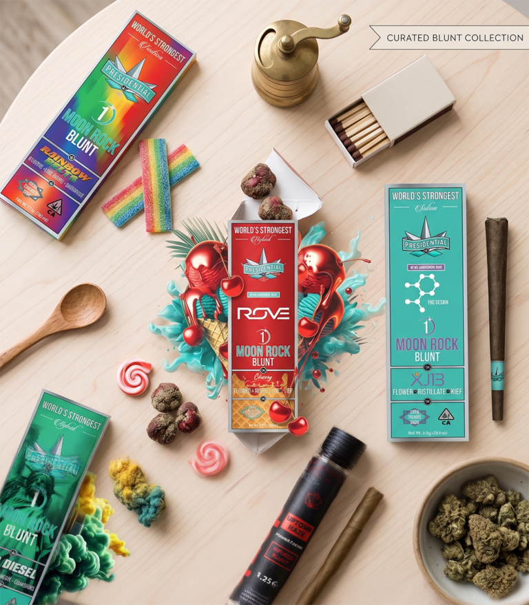 Top down layout showing multiple premium pre-rolled blunts