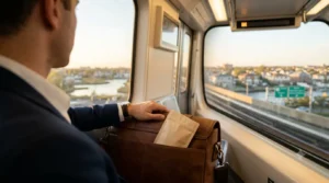 A business traveler riding the JFK AirTrain with a legal cannabis pouch inside his leather briefcase during a NYC airport layover.